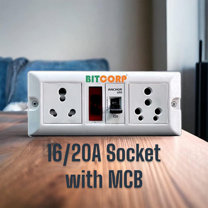 BITCORP 16A Heavy Duty Extension Board 2 Multi Socket 1 MCB (3500W) MCB Surge Protector Long Wire Cord for AC, frige, Washing Machine, Microwave and Large Appliances (3500W 16A Big Plug, 2 Meter)