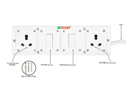 Bitcorp 15A 16A 20A Extension Board International 2 Socket 2 Switch (2500W) Surge Protector With 10 Meter Long Wire Cable For Charger, Ac, Refrigerator, Washing Machine & Large(Pack Of 2)