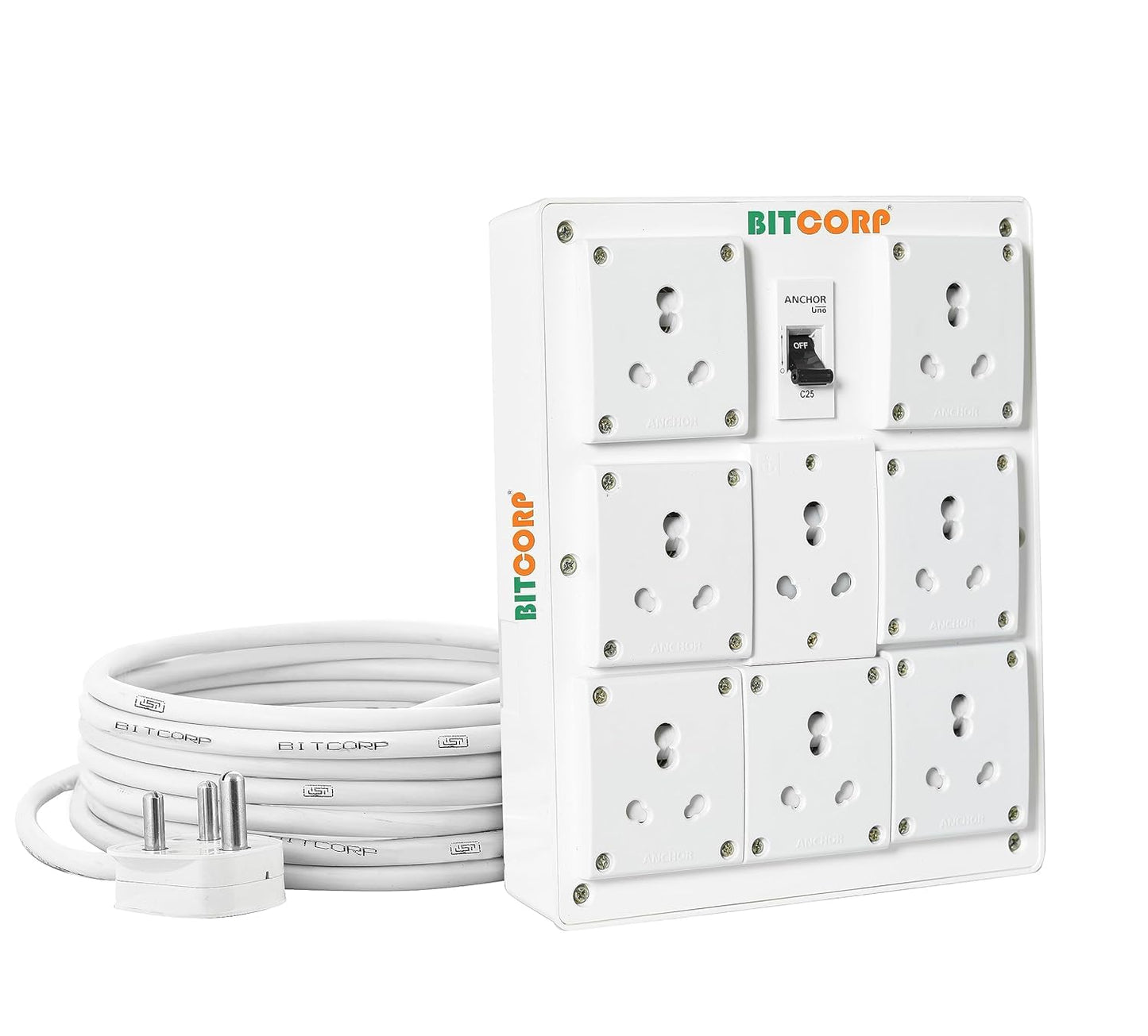 Bitcorp Extension Board 15A 16A 20A Muti Pin 8 Socket 1 (5000) Load Capacity with Surge Protector Meter Long Cable Cord for Heavy Duty Home Kitchen Office Outdoor Indoor Appliances (White)