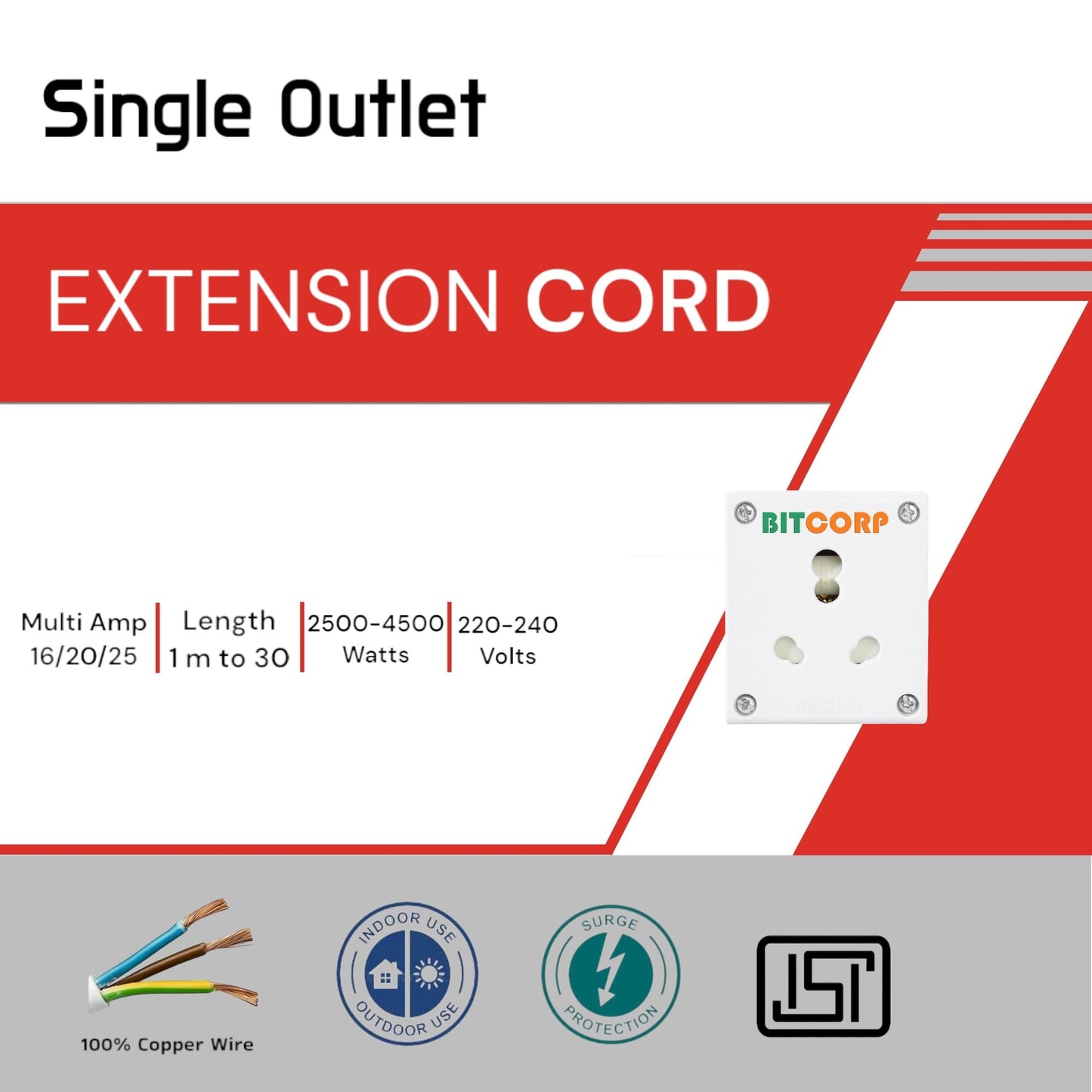 Bitcorp Single Socket Extension Board 1 Way Plug 15A 16A 20A (3500W) 3 Meter Long Length Cable Cord Compatible With Ac, Fridge, Washing Machine, Microwave And Heavy Appliances (White)(Pack Of 2)
