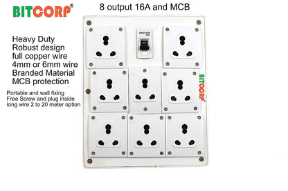 Bitcorp Extension Board 15A 16A 20A Muti Pin 8 Socket 1 (5000) Load Capacity with Surge Protector Meter Long Cable Cord for Heavy Duty Home Kitchen Office Outdoor Indoor Appliances (White)