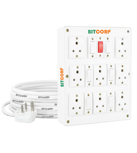 Bitcorp Extension Board Heavy Duty Junction Box 6A 10A 13A 8 Way Socket 5 Switch (3500) Load Capacity High Voltage With Thermal Protection Surge Control 4 Meter Long Cable Cord (White)
