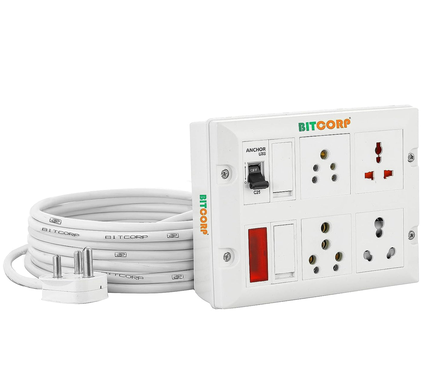 Bitcorp Extension Board 2500W, 240V, 4 Socket 4 Switch Combined 6A-16A-20A amp, Multi Plug Outlet with MCB , 8 Meter Cable Cord (Polycarbonate) (White)