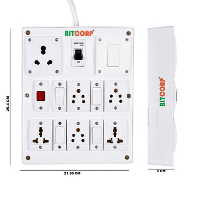 Bitcorp Extension Board 6 Socket 5 Switch 6A 16A, 3500W Heavy Duty Power Strip with Surge Protector Electric Power Extension Cord for Home Gadgets, Office, Pc, Cooler, Fridge (White) 220 Volts