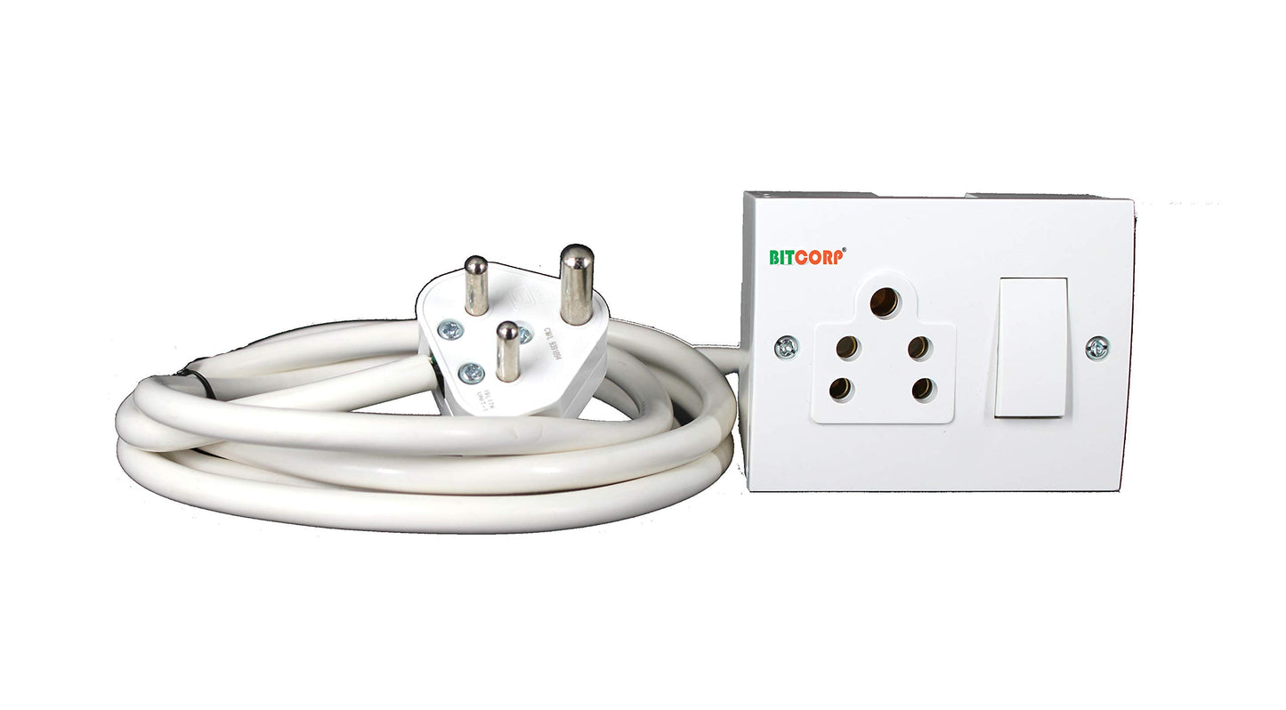 Bitcorp Extension Board 1 Socket 1 Switch 6A, 1500W Heavy Duty Power Strip with Surge Protector Electric Power Extension Cord for Home Gadgets, Office, Pc, Cooler, Fridge (White) 220 Volts