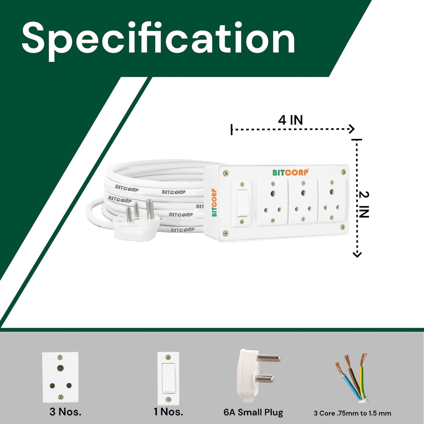 BITCORP Extension Board Heavy Duty 6A 3 Socket 1 Switch