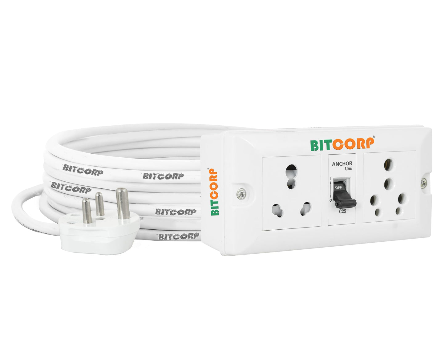 Bitcorp 6A 16A 20A Heavy Duty International Extension Board 2 Socket 1 Switch (2500W) Surge Protector with Meter Long Wire Cable for Ac, Refrigerator, Washing Machine, Microwave & Large Appliances