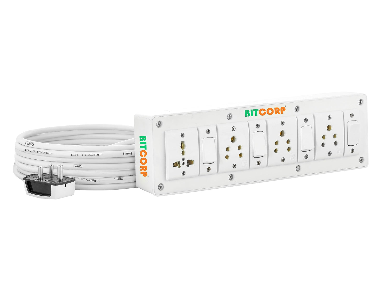 Bitcorp Power Strip 4 Socket 4 Switch, 6A 2000W Extension Board with Surge Protection Cord for Home, Office, Fridge, Cooler, Computer, Air Conditioner (White) 220 Volts