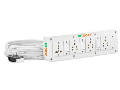 Bitcorp Power Strip 4 Socket 4 Switch, 6A 2000W Extension Board with Surge Protection Cord for Home, Office, Fridge, Cooler, Computer, Air Conditioner (White) 220 Volts