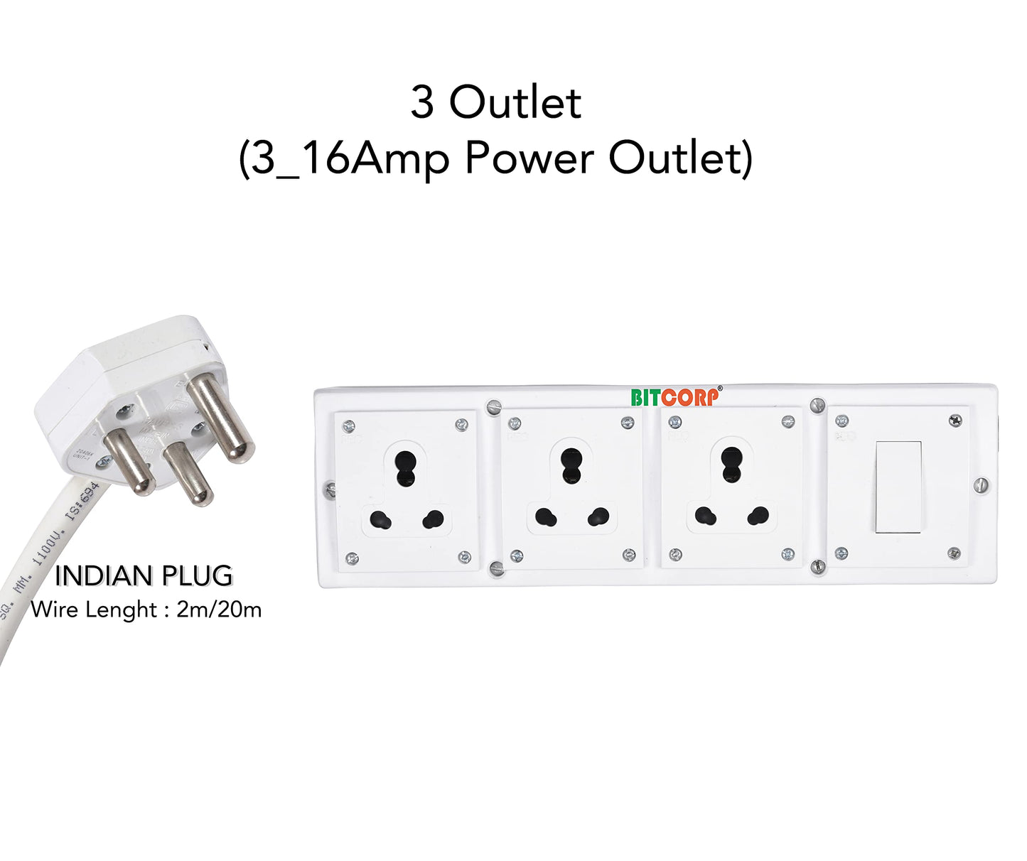 Bitcorp Extension Board Heavy Duty Box 15A 16A 20A With Thermal Protection 3 Way Socket 1 Switch (2500W) Surge Protection With 2 Meter Long Cable Cord Wall Mount (White)(Pack Of 2)