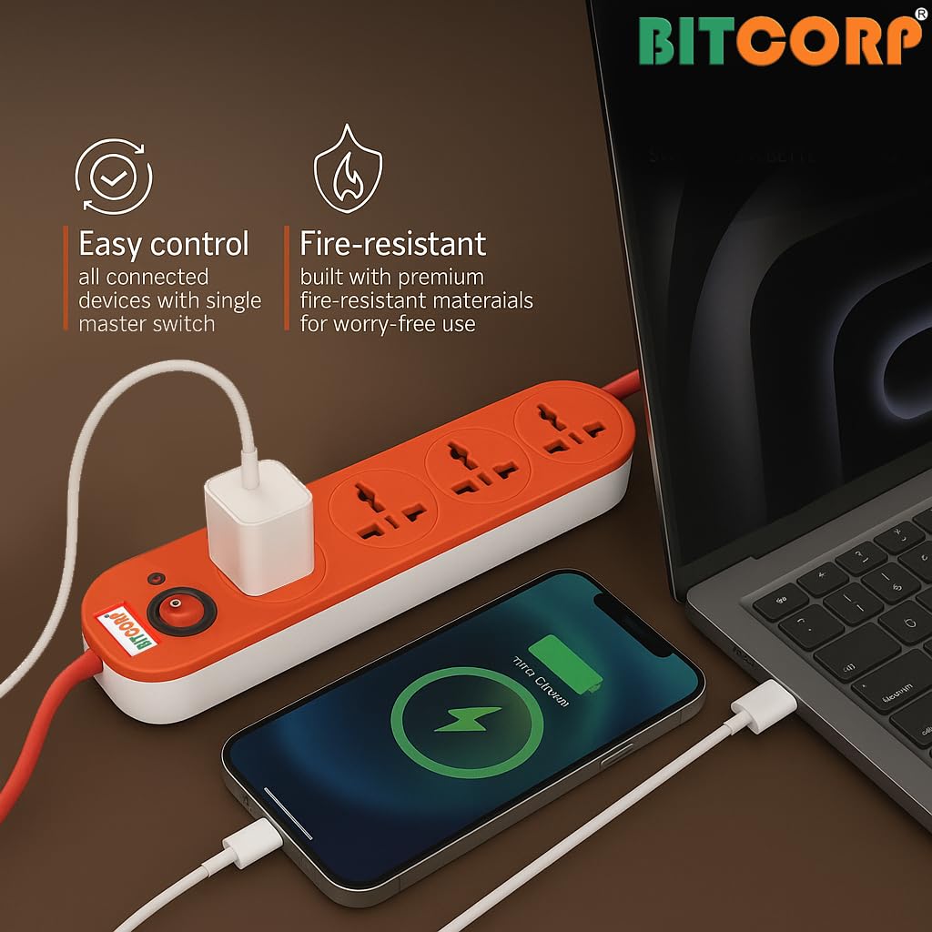 Bitcorp Extension Board 10Amp 250 Volts with Mtr Extension Cord & Surge Protector | Master Switch, Safety Shutter, 4 International Sockets | Multi Plug Travel Adapter for Home Appliances