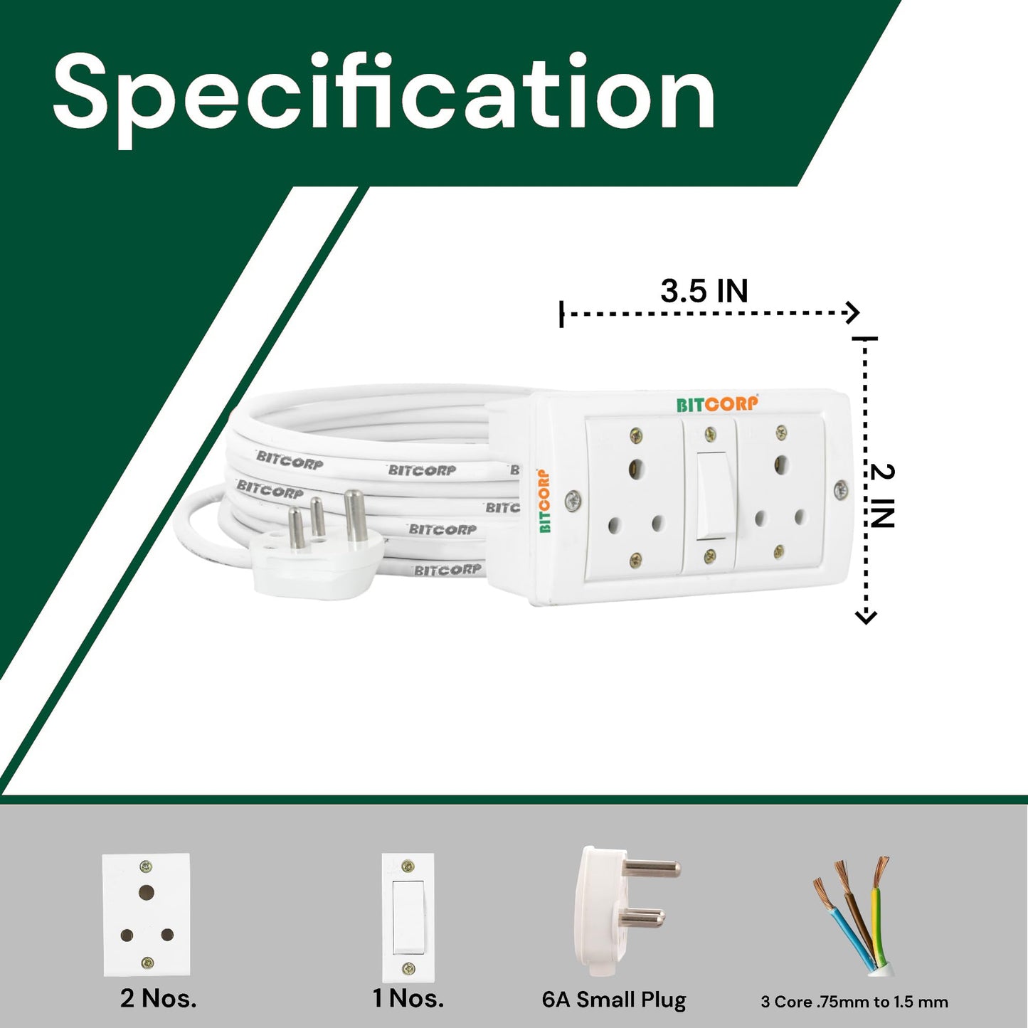 BITCORP Heavy Duty Extension Board 2 Socket 1 Switch