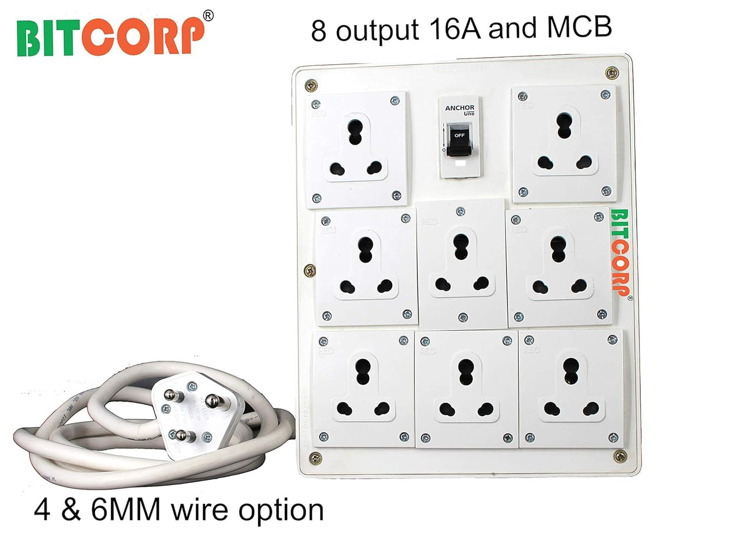 Bitcorp Extension Board 15A 16A 20A Muti Pin 8 Socket 1 (5000) Load Capacity with Surge Protector Meter Long Cable Cord for Heavy Duty Home Kitchen Office Outdoor Indoor Appliances (White)