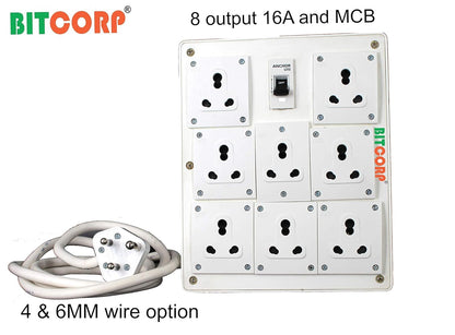 Bitcorp Extension Board 15A 16A 20A Muti Pin 8 Socket 1 (5000) Load Capacity with Surge Protector Meter Long Cable Cord for Heavy Duty Home Kitchen Office Outdoor Indoor Appliances (White)