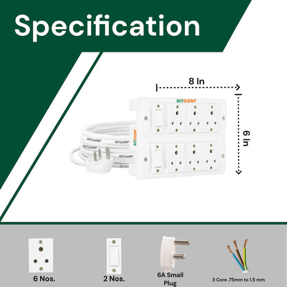 BITCORP Extension Board Heavy Duty 6A 6 Socket 2 Switch