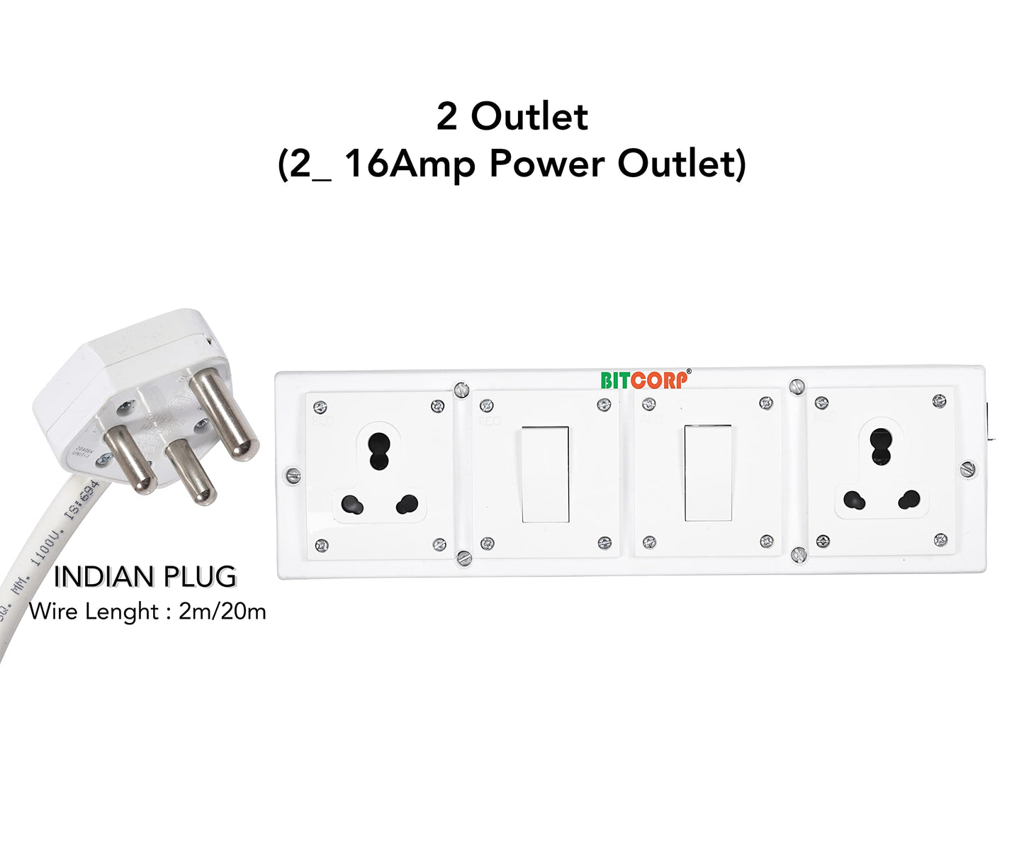 Bitcorp 15A 16A 20A Extension Board International 2 Socket 2 Switch (2500W) Surge Protector With 10 Meter Long Wire Cable For Charger, Ac, Refrigerator, Washing Machine & Large(Pack Of 2)