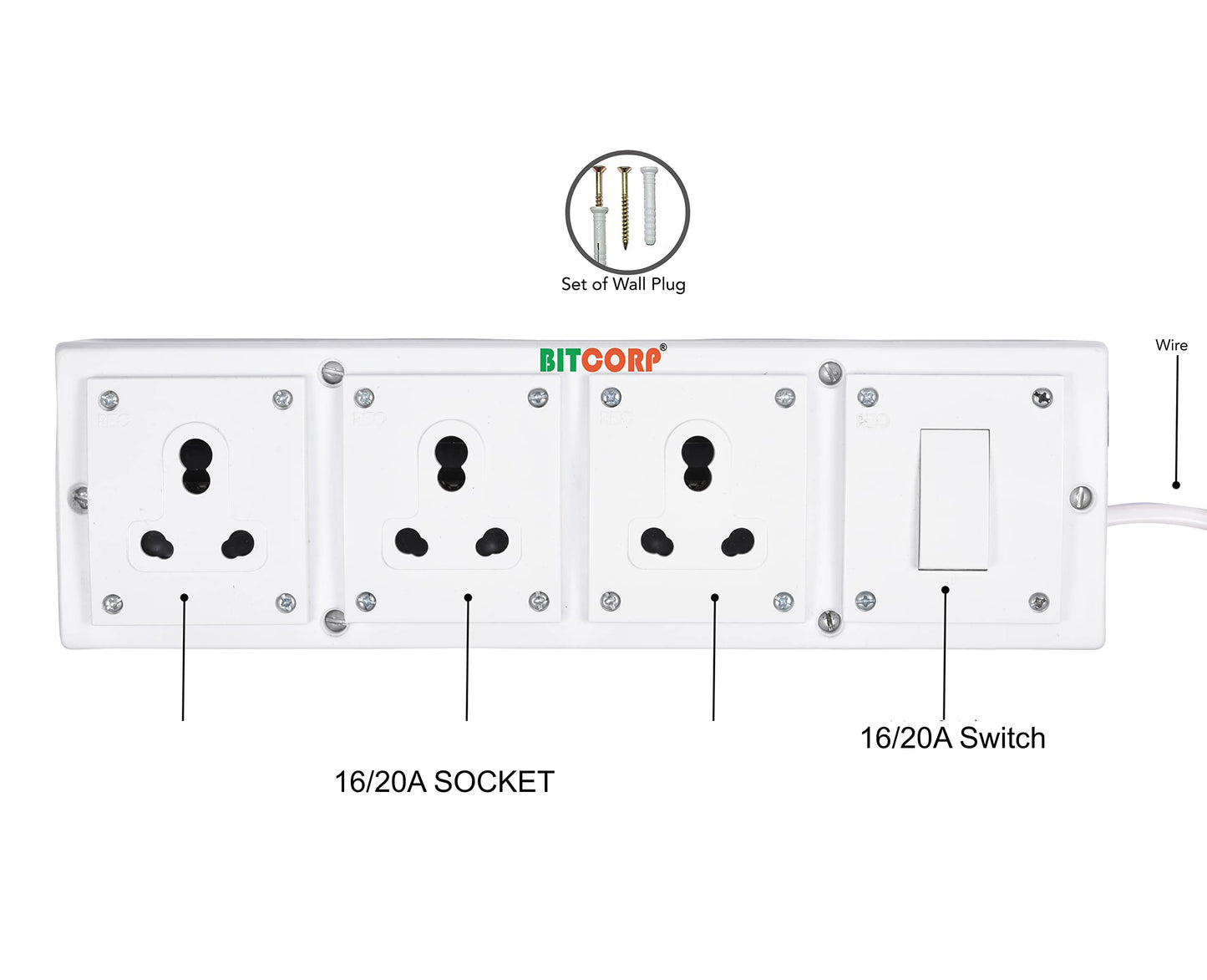 Bitcorp Power Strip 3 Socket 1 Switch, 16AMP 2500W Extension Board with Surge Protection Cord for Home, Office, Fridge, Cooler, Computer, Air Conditioner (White) 220 Volts