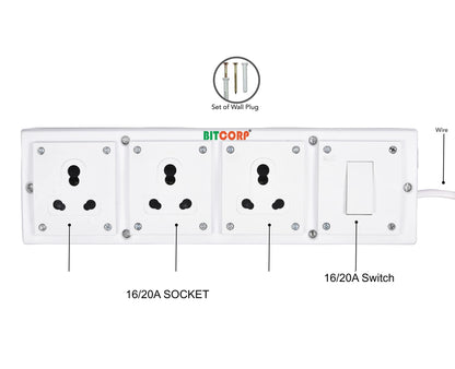 Bitcorp Extension Board Heavy Duty Box 15A 16A 20A With Thermal Protection 3 Way Socket 1 Switch (2500W) Surge Protection With 2 Meter Long Cable Cord Wall Mount (White)(Pack Of 2)