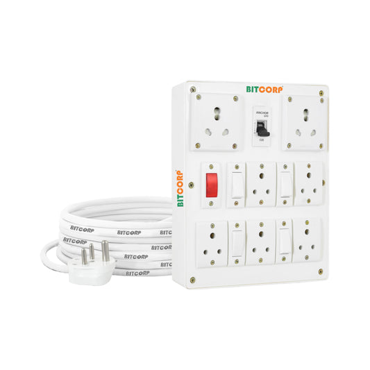Bitcorp Extension Board 6A 16A 20A Muti Pin 7 Socket 4 Switch (3500W) With Surge Protector 1 Meter Long Cable Cord For Multiple Heavy Duty Home Kitchen Office Outdoor Indoor (White)(Pack Of 2)