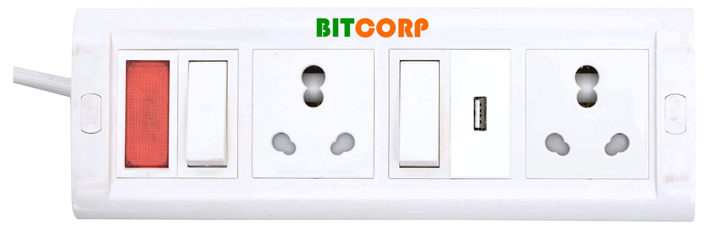 Bitcorp Extension Board with USB , 2 Meter Cable Cord 2500W, 240V, 1 Socket 1 Switch 16A amp , 2 Meter Cable Cord (Polycarbonate) (White)
