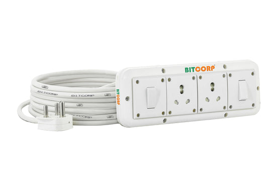 Bitcorp Extension Cord 15A 16A 20A For Multiple Small And Heavy Duty 2 Way Multi Outlet 3 Pin Plug 2 Switch (2500W) Spike Guard Power Strip With 15 Meter Long Cable Cord (White)(Pack Of 2)