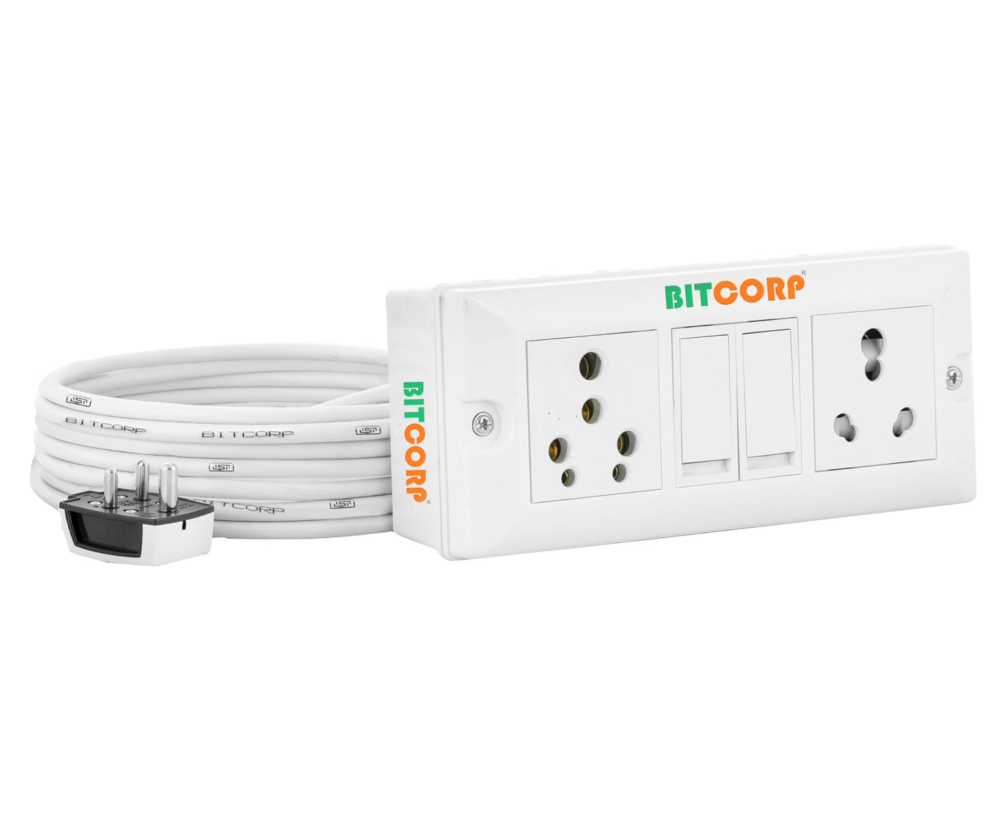 Bitcorp Extension Board Heavy Duty Box 16A 20A with Thermal Protection 2 Socket 2 Switch (2500) Load Capacity Surge Protection with Meter Long Cable Cord Wall Mount (White)