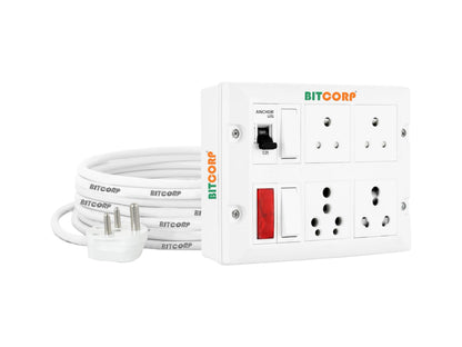 Bitcorp Multi Socket Extension Board Mcb 4 Way Plug And 2 Switch 6A 16A 20A (3500W) 4 Meter Long Length Cable Cord Compatible With Ac, Fridge, Washing Machine And Heavy (White)(Pack Of 2)