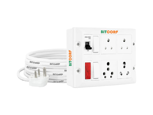 Bitcorp Extension Board Heavy Duty Box 6A 16A 20A With Mcb Protection 4 Way Socket 2 Switch (2500) Load Capacity Surge Protection With 3 Meter Long Cable Cord Wall Mount (White)(Pack Of 2)