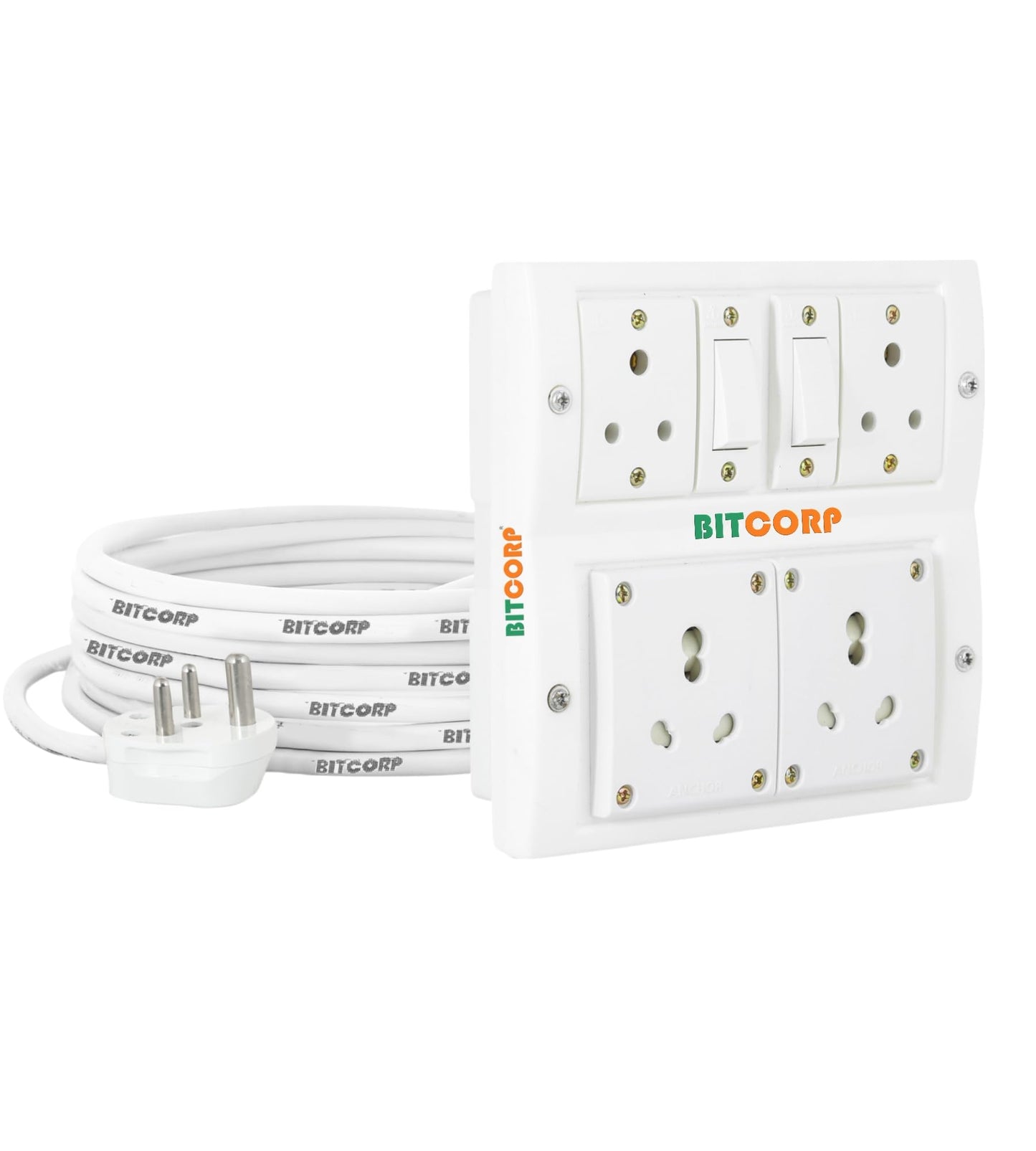 Bitcorp Electric Power Strip 6A To 16A Converter, 6A 16A 2000W, 4 Socket 2 Switch Extension Board, Surge Protected, 3 Meter Cord for Appliances, Cooler, Fridge, Air Conditioner, PC (White) 220 Volts