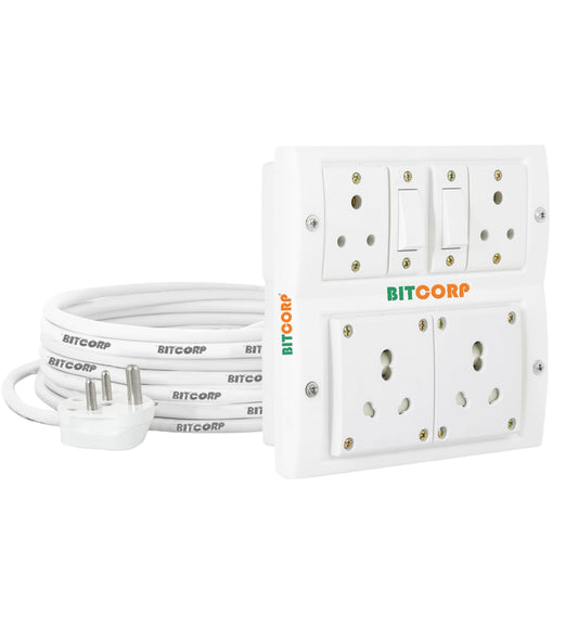 Bitcorp Electric Power Strip 6A To 16A Converter, 6A 16A 2000W, 4 Socket 2 Switch Extension Board, Surge Protected, 3 Meter Cord for Appliances, Cooler, Fridge, Air Conditioner, PC (White) 220 Volts