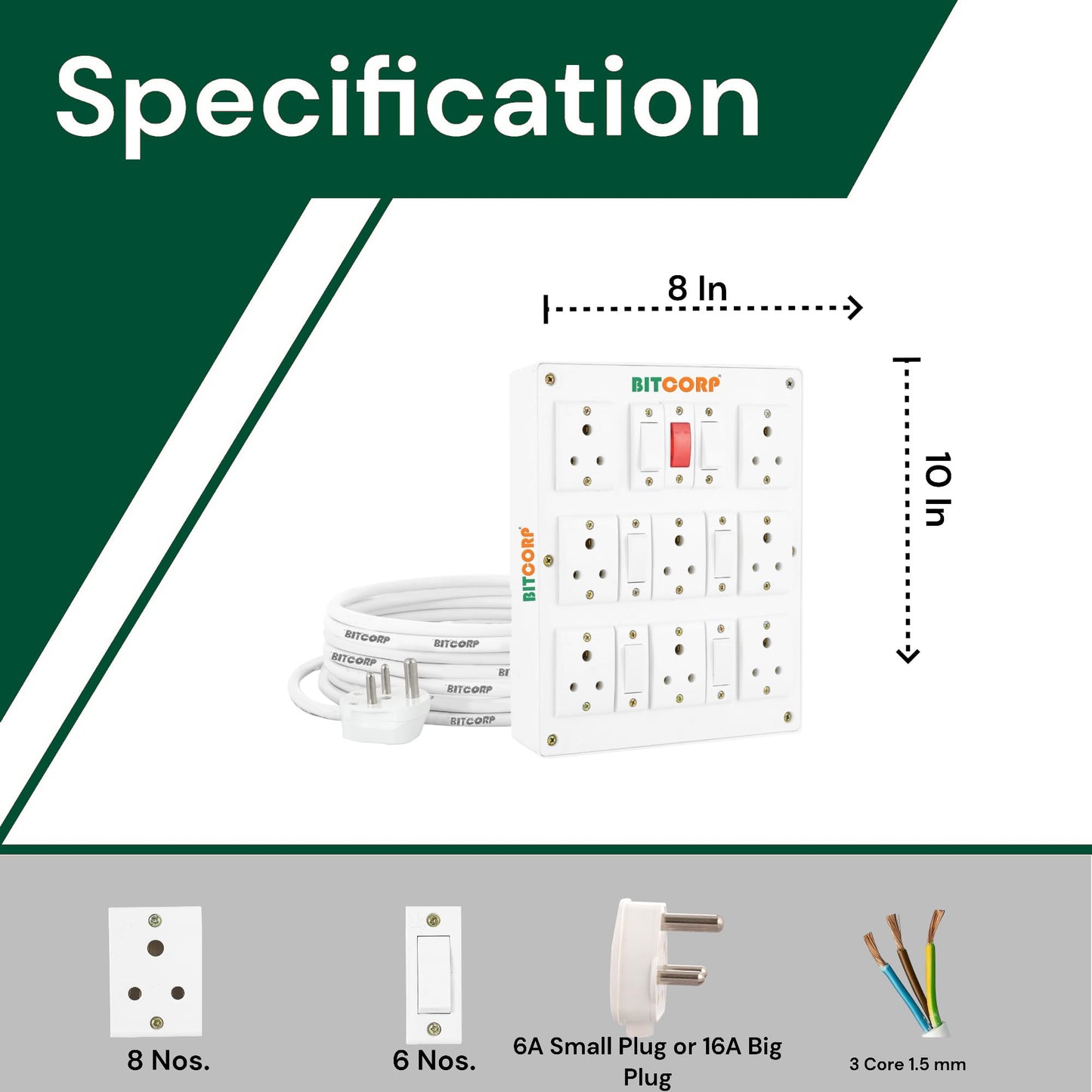 Bitcorp 6A Extension Board 8 Socket 5 Switch, 2000W Power Strip with Surge Protector, 20 Meter Electric Cord for Home, Office, PC, Cooler, Fridge, Gadgets, AC (White) 220V