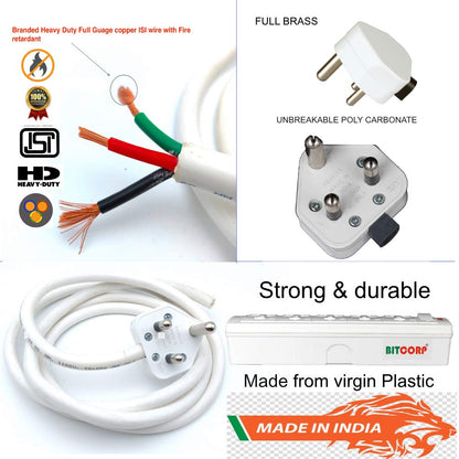 Bitcorp 6A 16A Extension Board 6 Socket 2 Switch, 2000W Power Strip with Surge Protector, 2 Meter Electric Cord for Home, Office, PC, Cooler, Fridge, Gadgets, AC (White) 220V