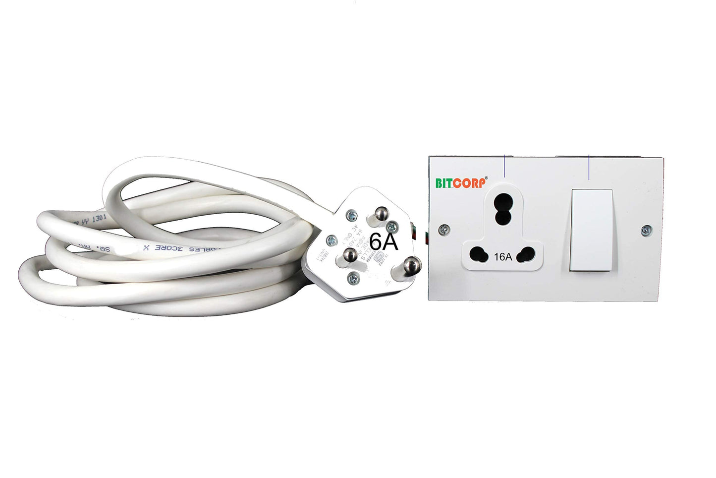 Bitcorp Power Strip With 1 Socket , 16AMP 2500W Extension Board with Surge Protection Cord for Home, Office, Fridge, Cooler, Computer, Air Conditioner (White) 220 Volts