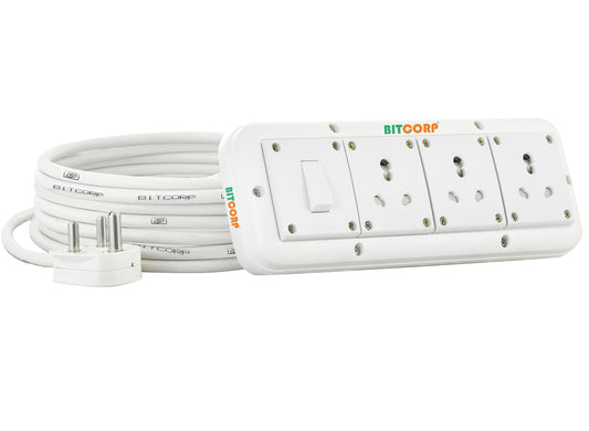 Bitcorp Extension Board 15A 16A 20A Muti Pin 3 Socket 1 Switch (2500W) With Surge Protector 5 Meter Long Cable Cord For Multiple Heavy Duty Home Kitchen Office Outdoor Indoor (White)(Pack Of 2)