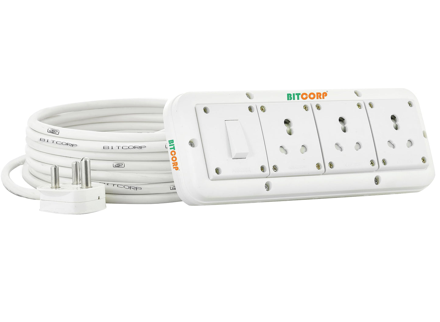 Bitcorp Extension Box 15A 16A 20A 3 Socket 1 Switch (2500) Load Capacity Surge Protection High Load Capacity With 4 Meter Long Wire Cord For Charger/Ac/Refrigerator/Microwave(Pack Of 2)