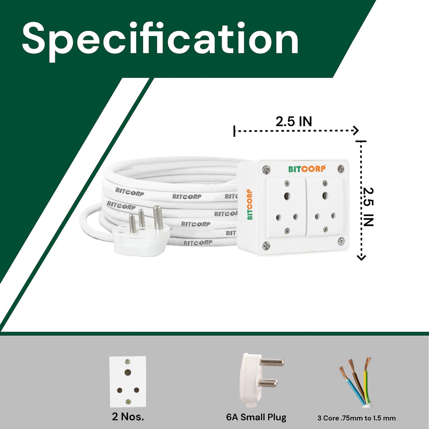 BITCORP Extension Board Heavy Duty 6A 2 Socket