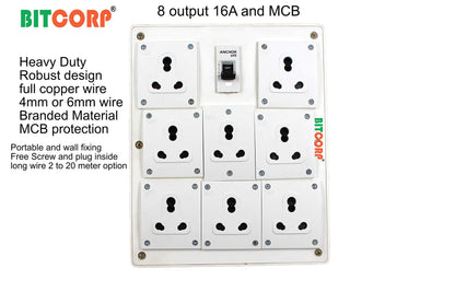 Bitcorp Power Strip 8 Socket 1 Mcb, 16AMP 5000W Extension Board with Surge Protection 20 Meter Cord for Home, Office, Fridge, Cooler, Computer, Air Conditioner (White) 220 Volts