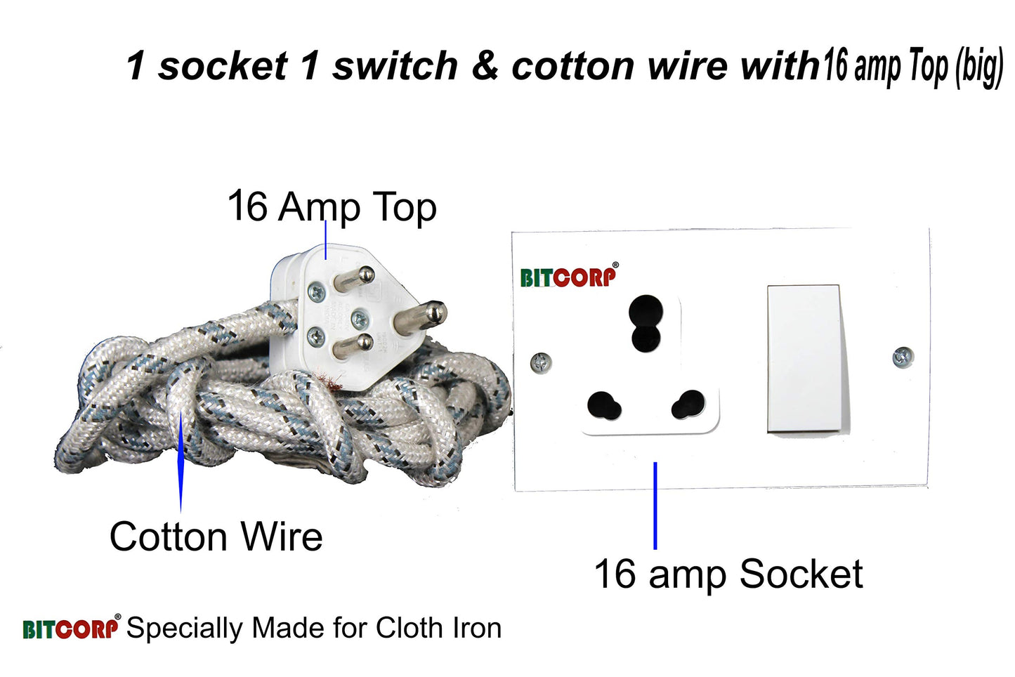 Bitcorp Power Strip With Cotton Wire 1 Socket 1 Switch, 6A 1500W Extension Board with Surge Protection Cord for Home, Office, Fridge, Cooler, Computer, Air Conditioner Cotton Wire (White) 220 Volts