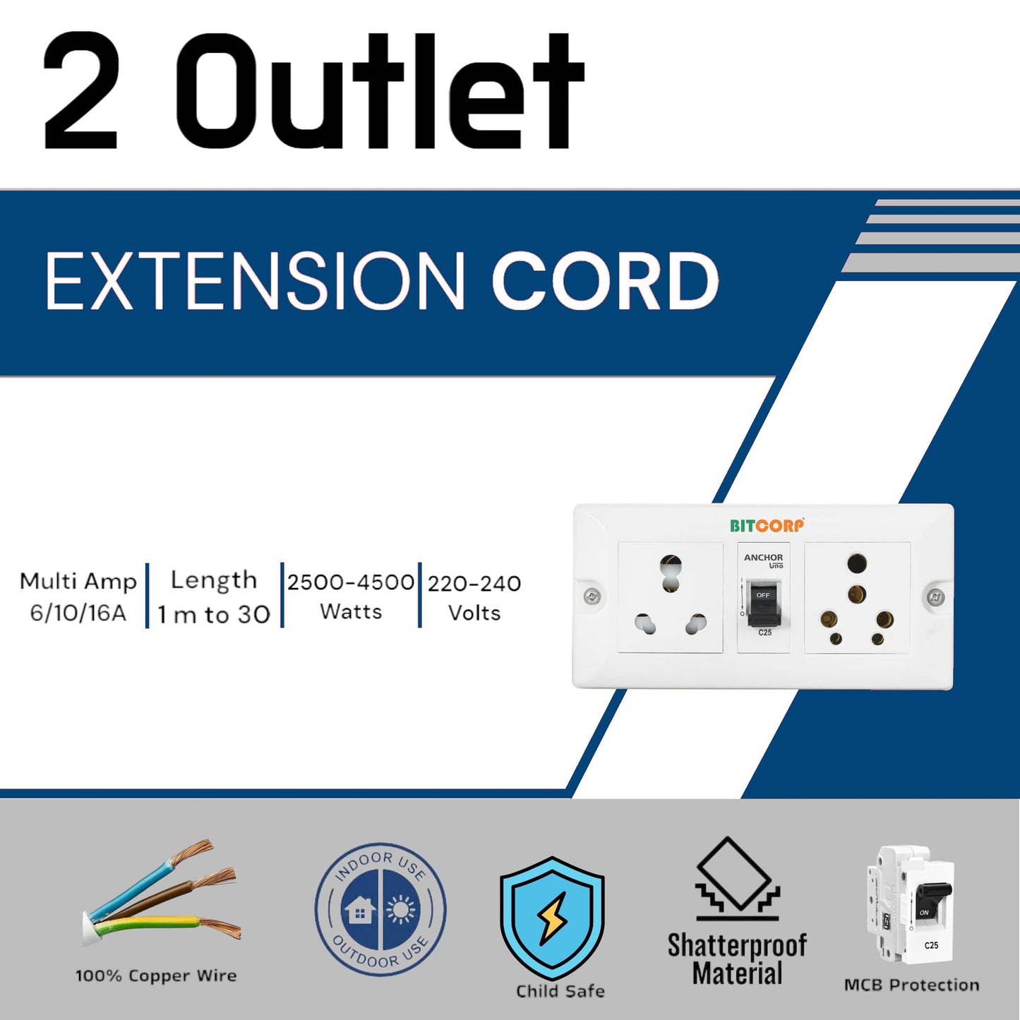 Bitcorp 6A 16A 20A Heavy Duty International Extension Board 2 Socket 1 Switch (2500W) Surge Protector with Meter Long Wire Cable for Ac, Refrigerator, Washing Machine, Microwave & Large Appliances