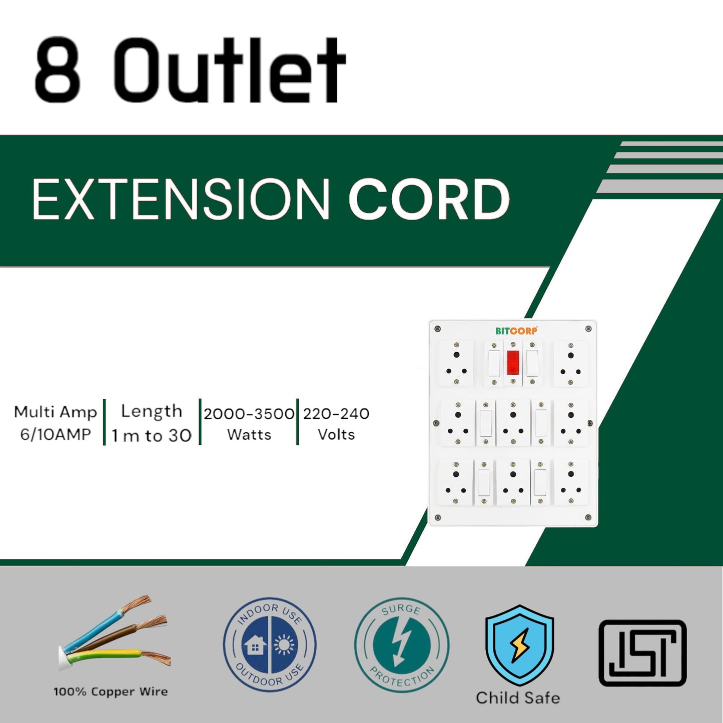 Bitcorp 6A Extension Board 8 Socket 5 Switch, 2000W Power Strip with Surge Protector, 20 Meter Electric Cord for Home, Office, PC, Cooler, Fridge, Gadgets, AC (White) 220V