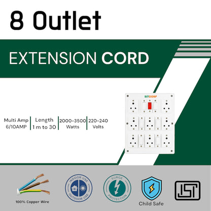 Bitcorp 6A Extension Board 8 Socket 5 Switch, 2000W Power Strip with Surge Protector, 20 Meter Electric Cord for Home, Office, PC, Cooler, Fridge, Gadgets, AC (White) 220V