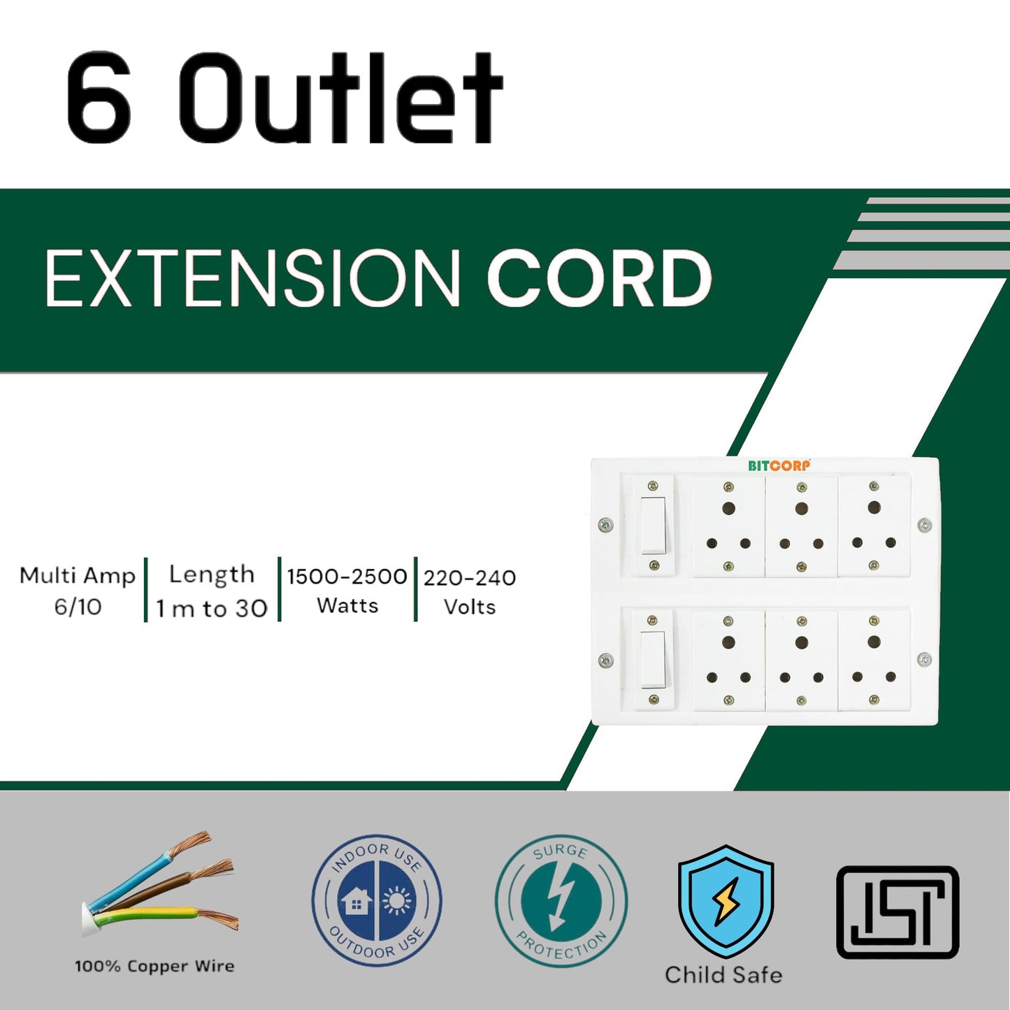 BITCORP Extension Board Heavy Duty 6A 6 Socket 2 Switch