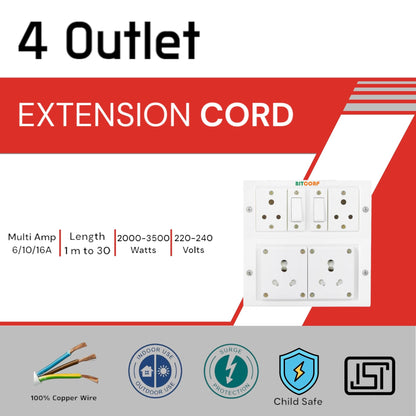 BITCORP Extension Board Heavy Duty 16A 4 Socket 2 Switch