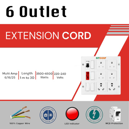 BITCORP Extension Board Heavy Duty 16A 6 Socket 4 Switch with MCB