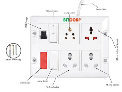 Bitcorp Extension Board 2500W, 240V, 4 Socket 4 Switch Combined 6A-16A-20A amp, Multi Plug Outlet with MCB , 8 Meter Cable Cord (Polycarbonate) (White)