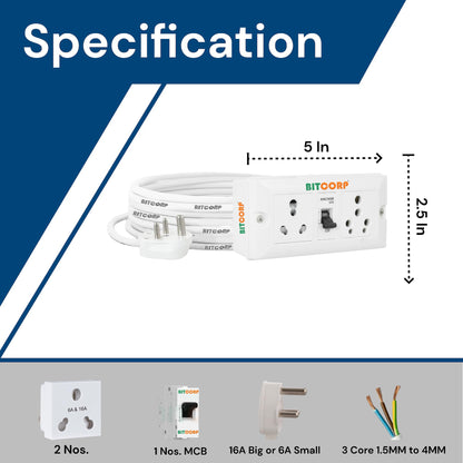 Bitcorp 6A 16A 20A Heavy Duty International Extension Board 2 Socket 1 Switch (2500W) Surge Protector with Meter Long Wire Cable for Ac, Refrigerator, Washing Machine, Microwave & Large Appliances