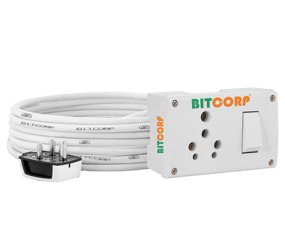 Bitcorp Single Socket Extension Board 1 Way Plug And 1 Switch 15A 16A 20A (2500W) 5 Meter Long Length Cable Cord Compatible With Ac, Fridge, Washing Machine, Microwave And Heavy (White)(Pack Of 2)
