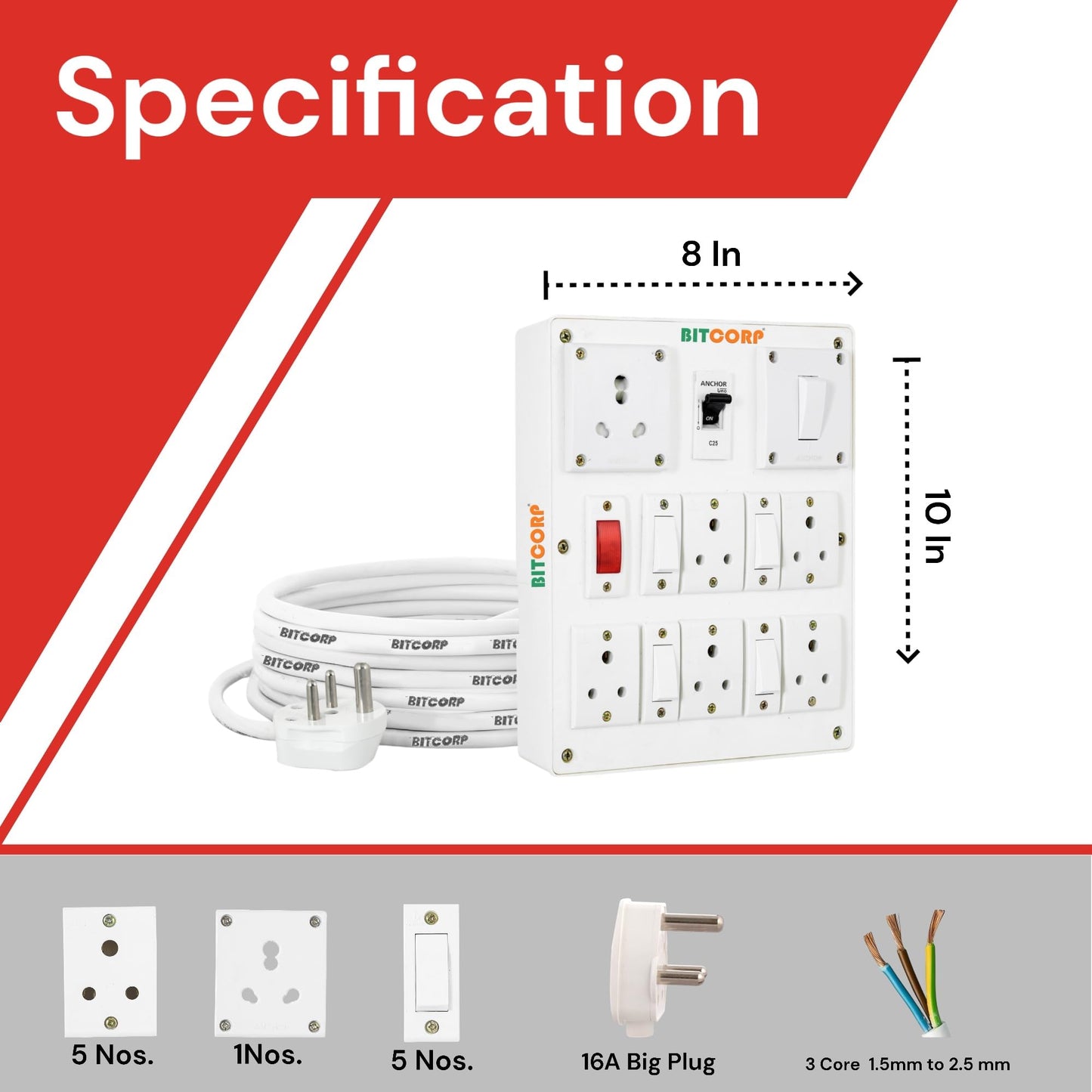 Bitcorp Heavy Duty Extension Board 6 Socket 5 Switch