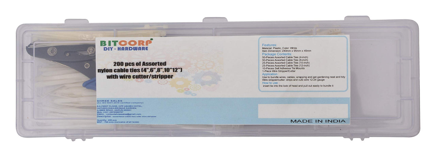 BITCORP DIY Hardware 200ANCT Assorted Nylon Cable Ties (4‰€,6‰€,8‰€,10‰€12‰€) with Wire Cutter/Stripper (Pack of 200)