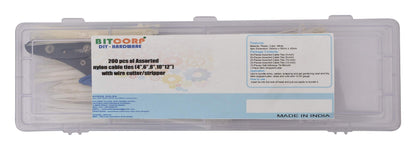 BITCORP DIY Hardware 200ANCT Assorted Nylon Cable Ties (4‰€,6‰€,8‰€,10‰€12‰€) with Wire Cutter/Stripper (Pack of 200)